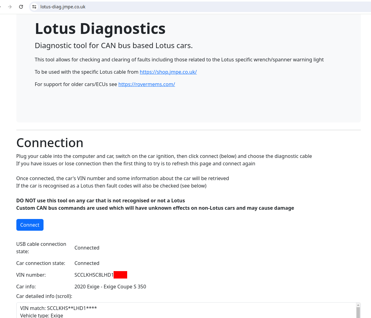 Lotus CAN bus diagnostic cable and software - faults, performance data